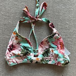 Kona Sol Floral Triangle Bikini Top Sz S Blue Pink Tie Back Swimwear